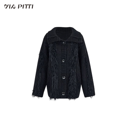 Patchwork knitted top/lapel cardigan coat