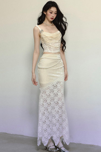 Gilt Night Banquet Lace Vest & Fishtail Skirt Set-Up