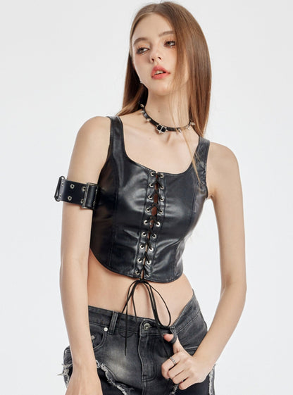 Black Lace-Up U-Neck Leather Vest Top