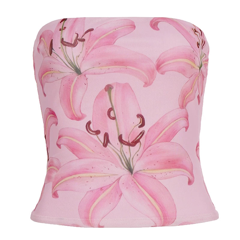 Top de tubo de malla floral rosa