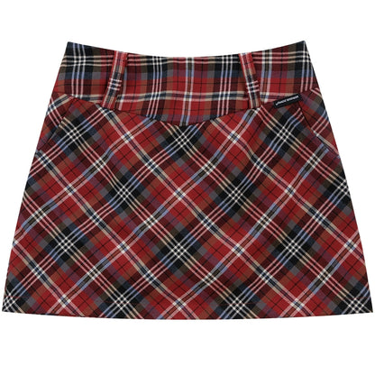 American retro high waist a-line short plaid skirt