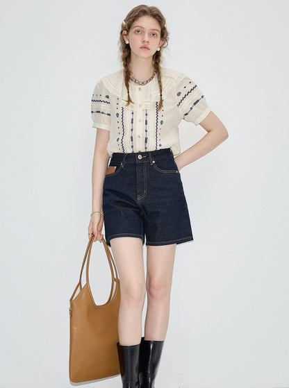 Embroidered Shirt & Denim Shorts Set-Up