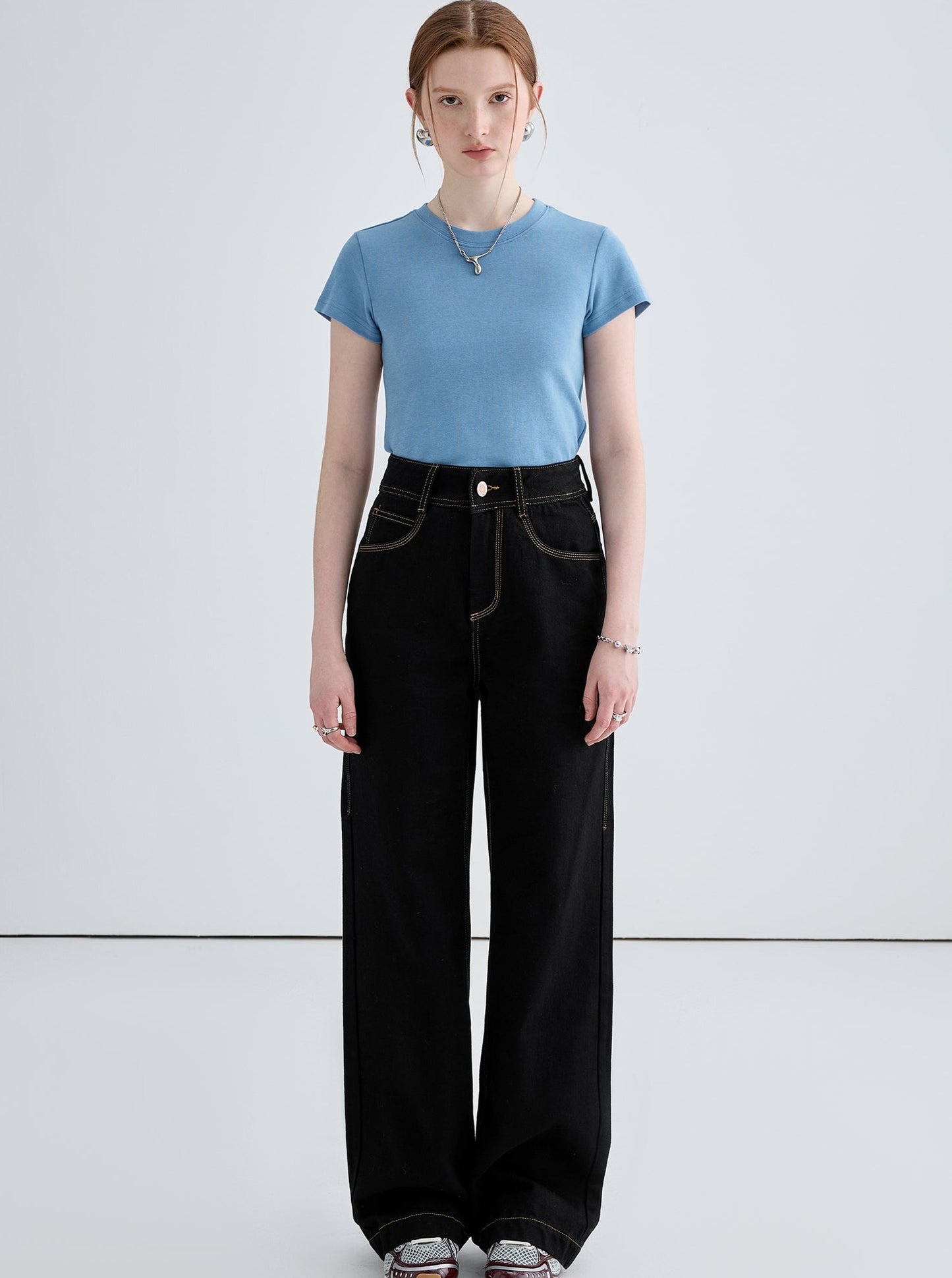 Mid-high waist straight wide-leg pants