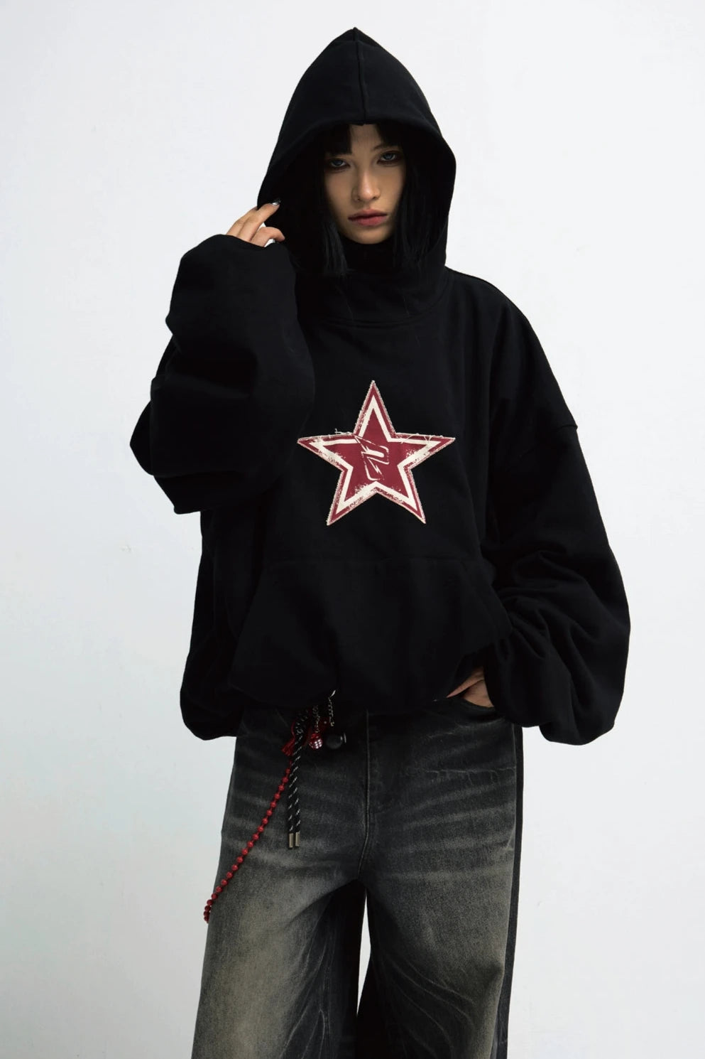 Loose Black Star Embroidered Hoodie Top