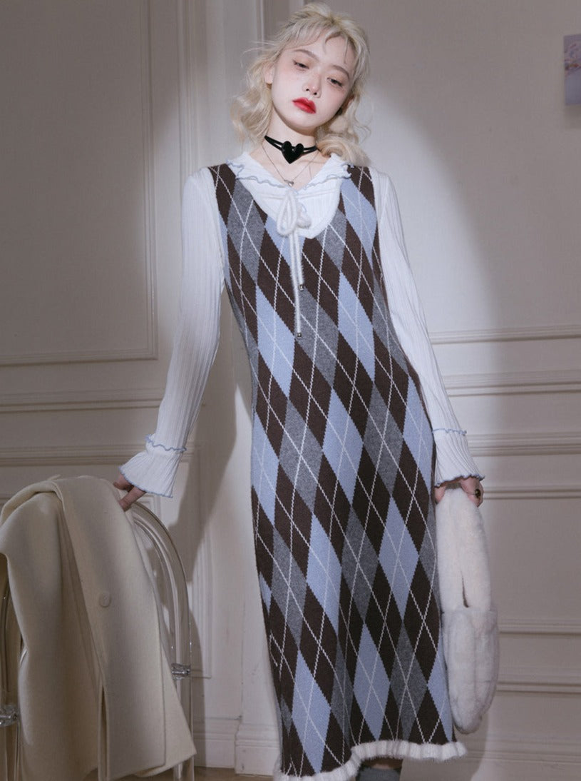 Sleeveless Grid Dress And Knit Shirt Set