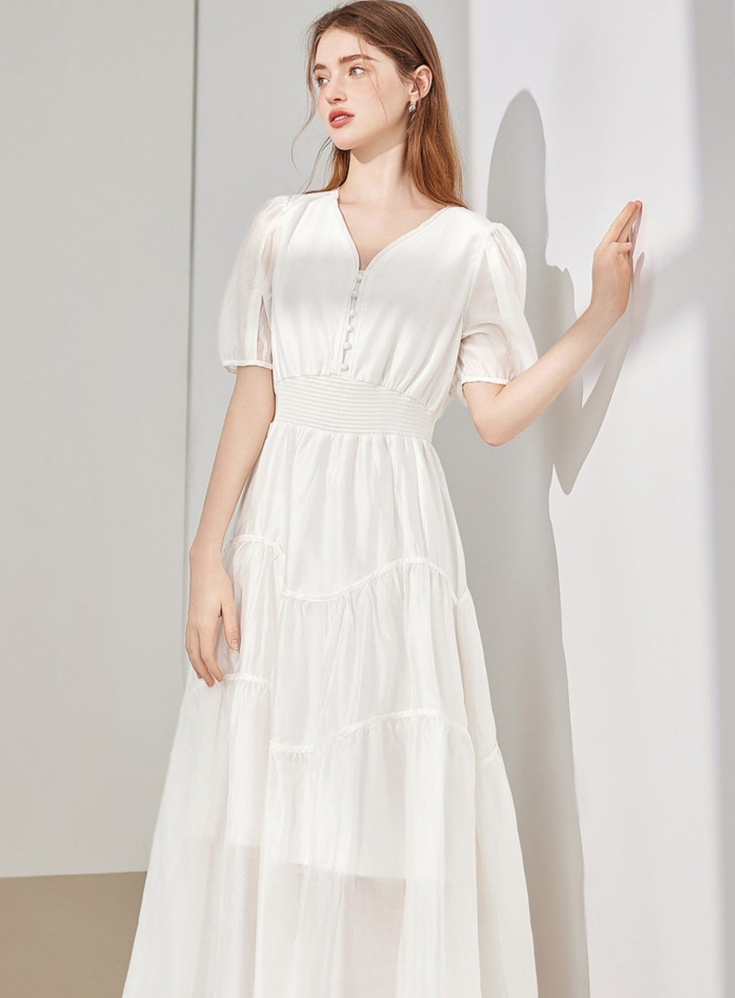 French Elegant V-Neck Puff Sleeve Dress