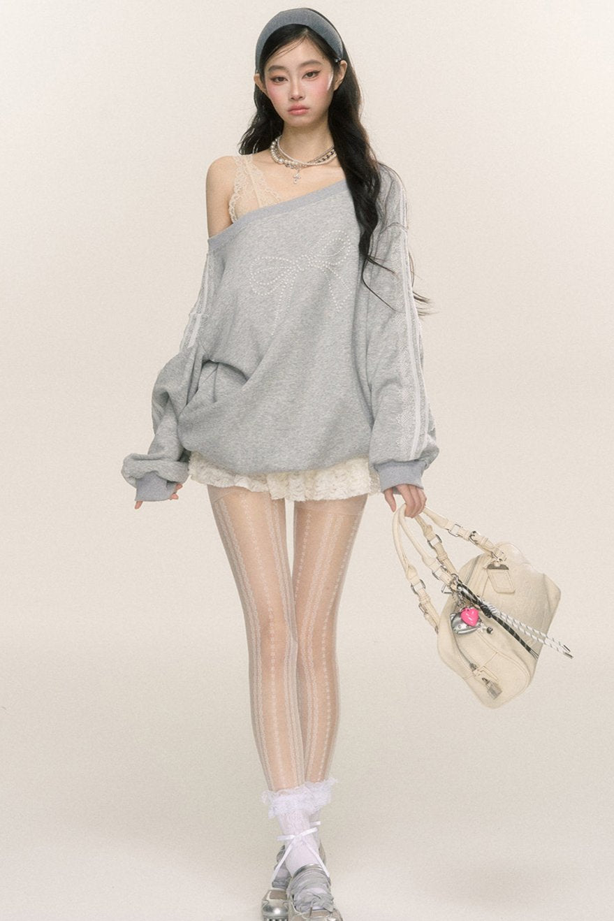 Slanted Shoulder Bow Loose Sweatshirt