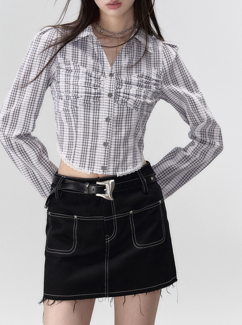 Striped slim fit cropped pleated shirt