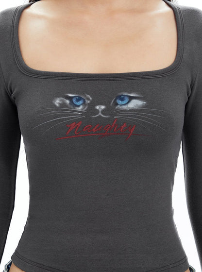 Neck Long Sleeve Cute Cat T-shirt