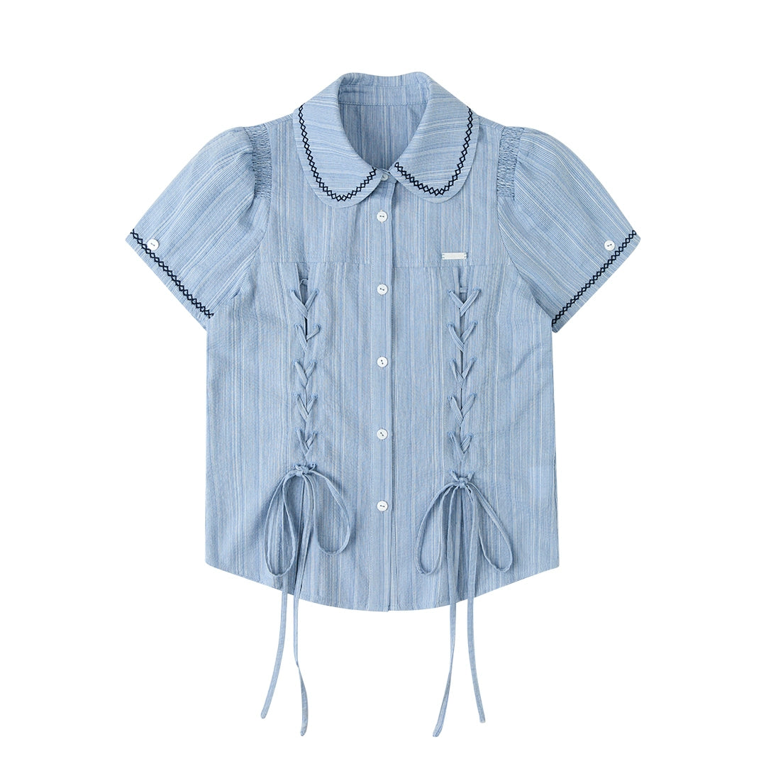 Blue Striped Cropped Casual Doll Collar Shirt