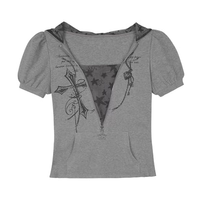 Gray Cross Hooded Top