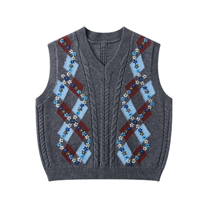 LOLOL ® 24FW Handmade Crochet Varsity V-Ausschnitt ärmellose gestrickte Weste Frauen Diamant kariert Pferd Clip