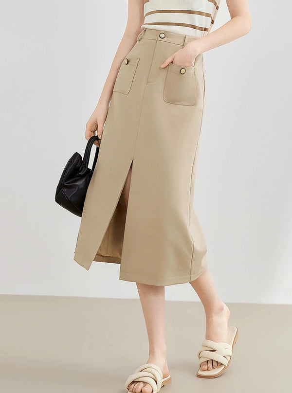 High Waist Pocket Design Sense Slit Skirt