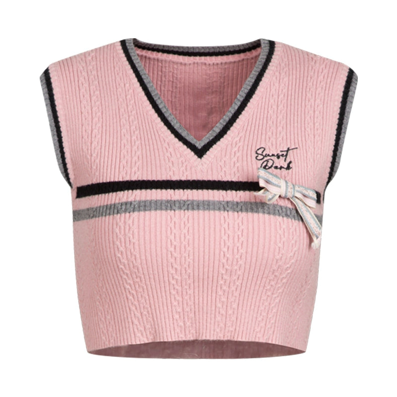 Embroidery striped knitted V-neck vest skirt set