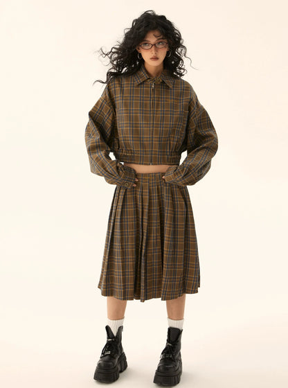 American vintage plaid jacket and skirt two-piece set