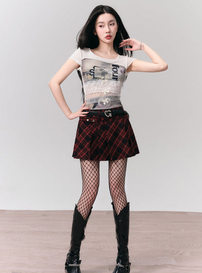 [Stock] fragile shop - girly heart printed lace panelled bow short-sleeved trim top