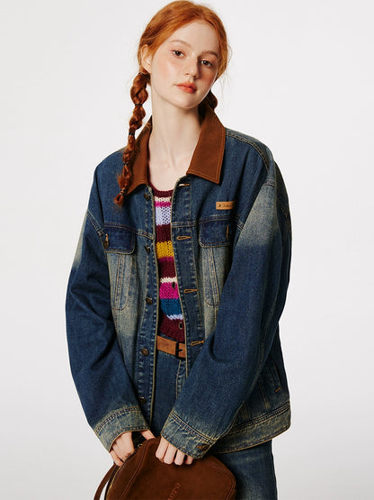 AMERICAN RETRO COLOR-BLOCKED DENIM JACKET & SKIRTS SETS