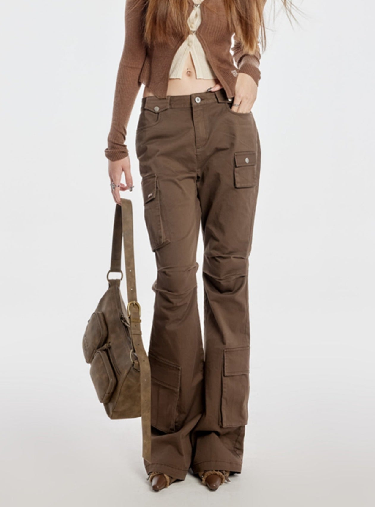 Mid Rise Brown Pleated Pants