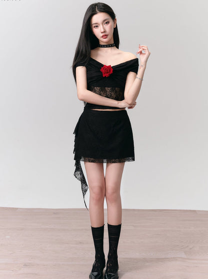 [SNH48 same style] fragile store - Floyd rose black lace one-shoulder short top short skirt