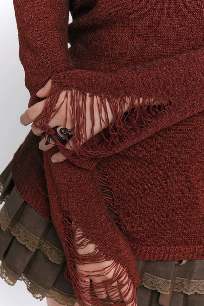 Geistermädchen, Frühherbst, koreanische Atmosphäre, süße und würzige Kleidung, rotes One-Shoulder-Top, High-End-Strickwaren