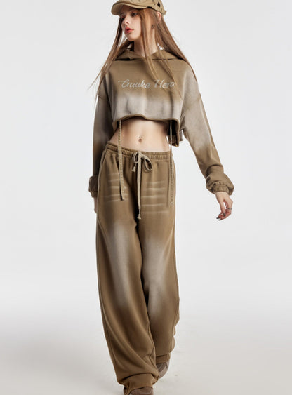 Khaki Printed Crop Top And Long Pants Set-Up