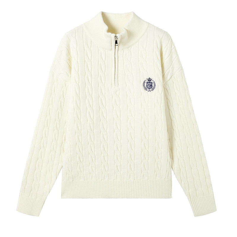 French Cable Knit Polo Sweater Top
