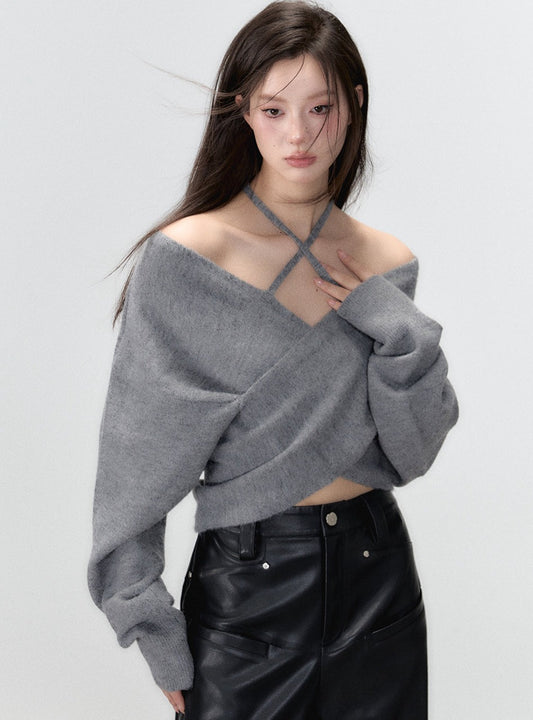 One-shoulder collarbone wool tops