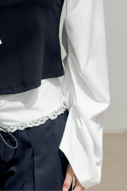 Navy Bow Patchwork Blouse