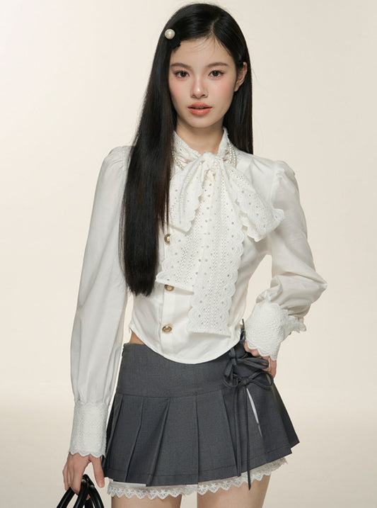 Lace tie bow long-sleeved waist shirt