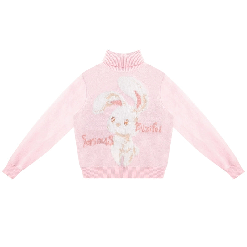 ziziFei autumn and winter American retro design high-quality plush rabbit soft and lazy pink turtleneck sweater woman