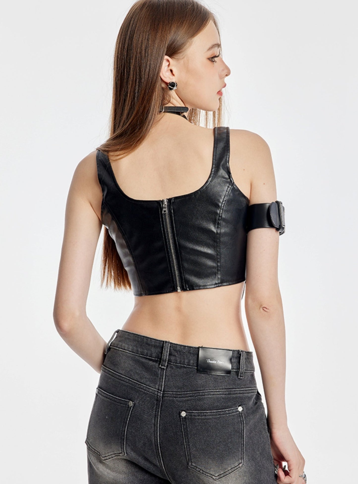 Black Lace-Up U-Neck Leather Vest Top