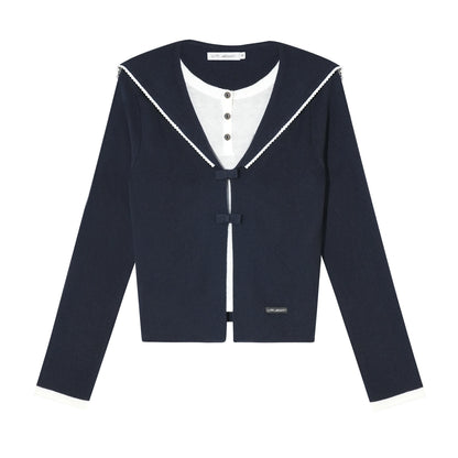 Sweet Navy Neck Knit Cardigan