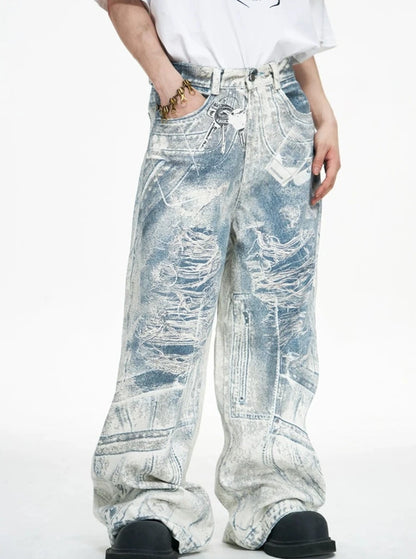 PEOPLESTYLE Vintage 3D bedruckte Jeans Schlüsselanhänger Digital Conley Print Baggy Hose mit weitem Bein