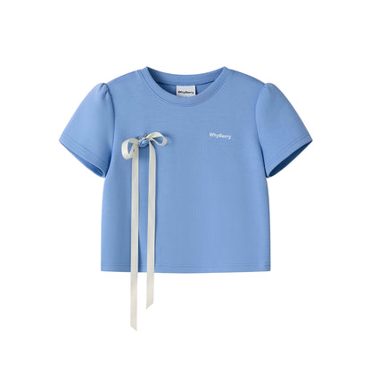 리본 디테일 레터 프린트 티셔츠 