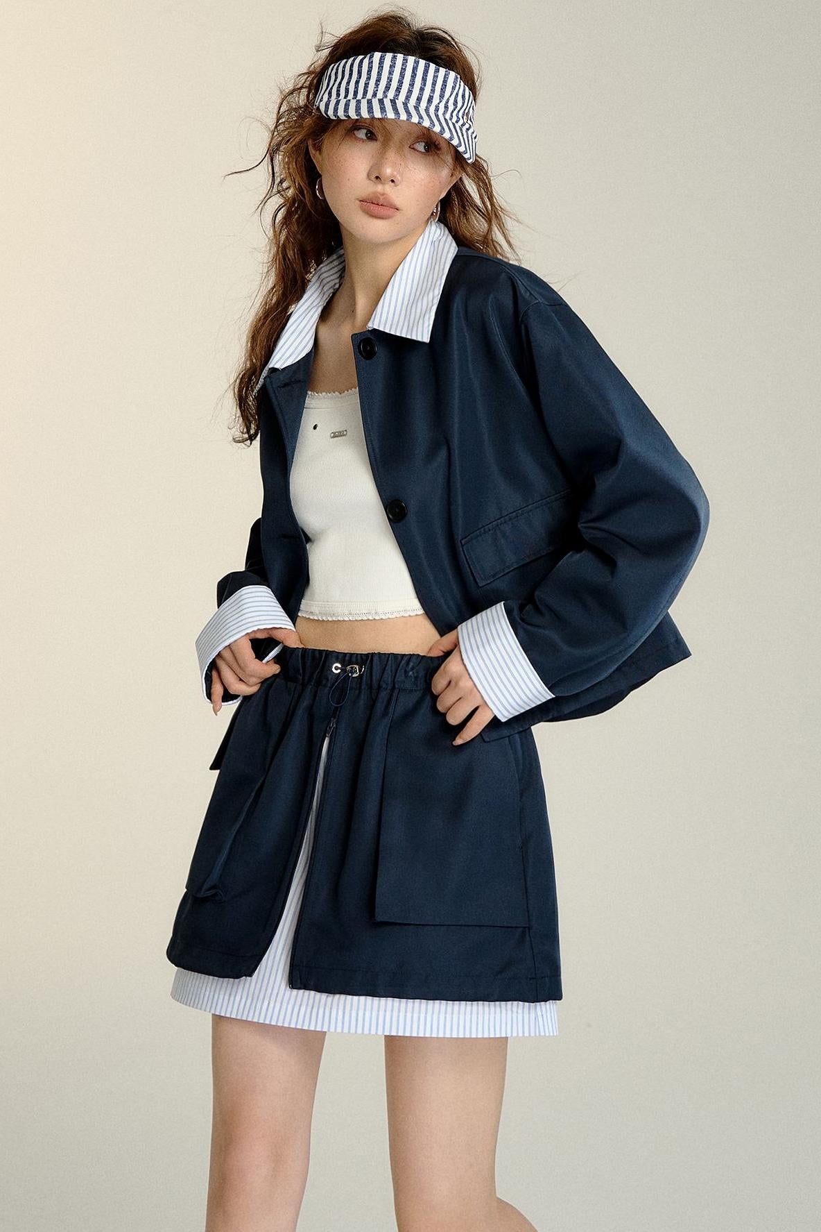 Patchwork Striped Trench Coat Skirt Set-Up