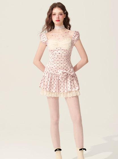 Weniger auch Auge Pulver Nebel Prise weiß rosa Kleid Frauen Sommer Taille a-line dünne Polka Dot Französisch süßen Rock