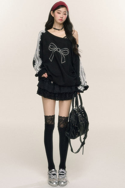 Slanted Shoulder Bow Loose Sweatshirt