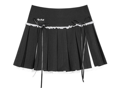 Black gray fake two bow pleated short half skirt