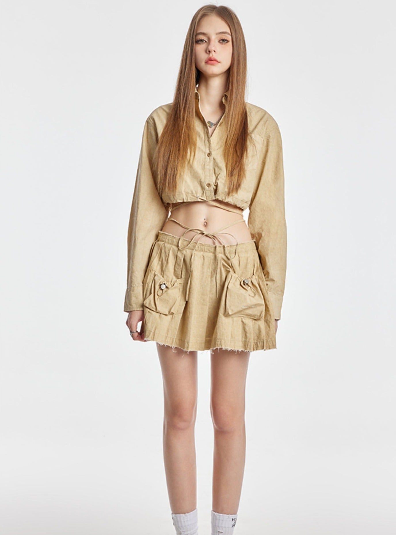 Versatile Loose Khaki Pleated Skirt