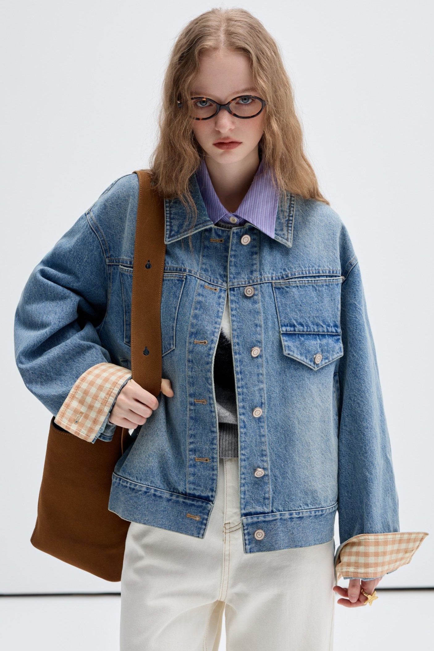 VEGA CHANG DENIM SHORT JACKET WOMEN'S FALL 2024 NEW AMERICAN RETRO PATCHWORK WASHED LOOSE TOP