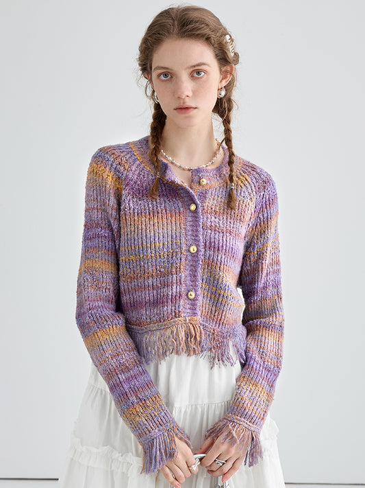 Raw-edged knitted cardigan tops