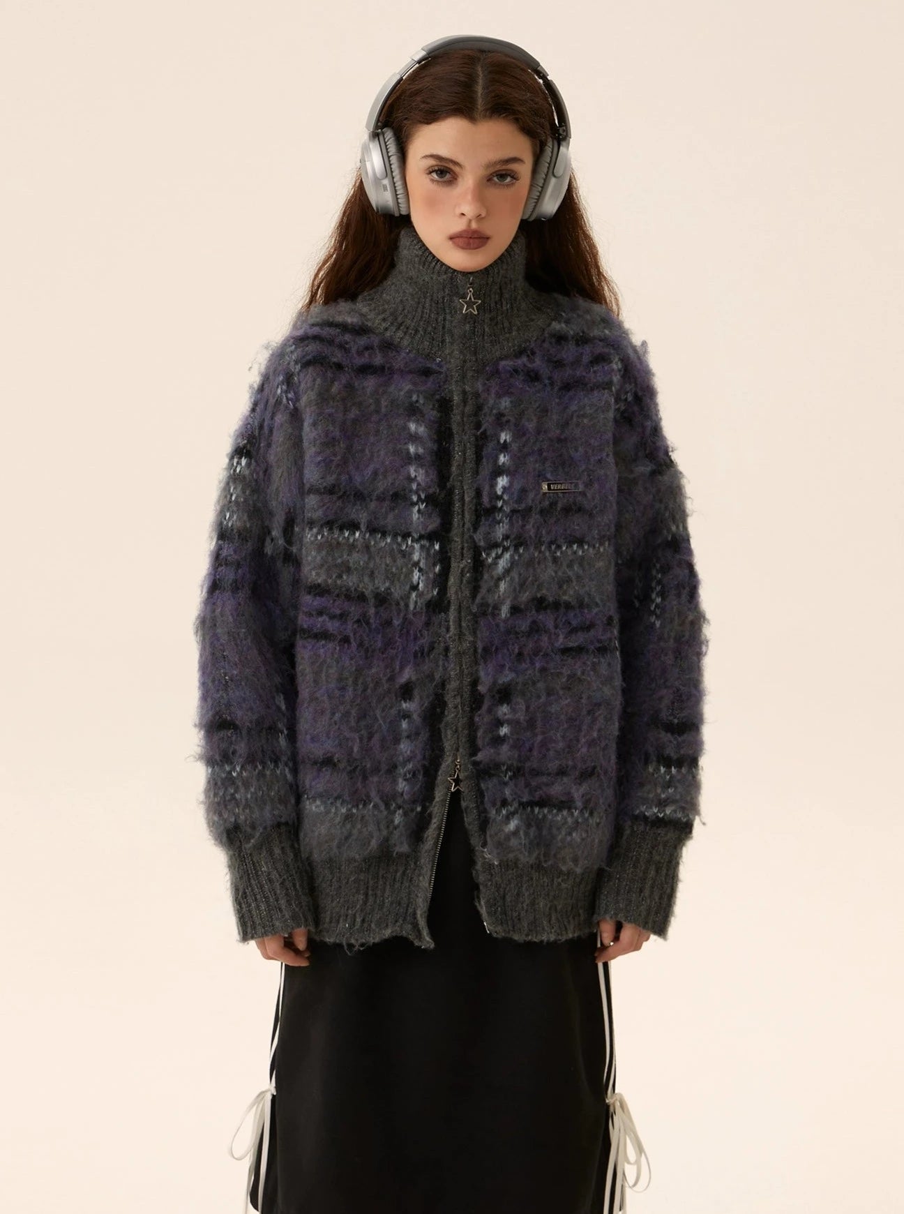 Cropped mohair knit cardigan zipper sweater coat