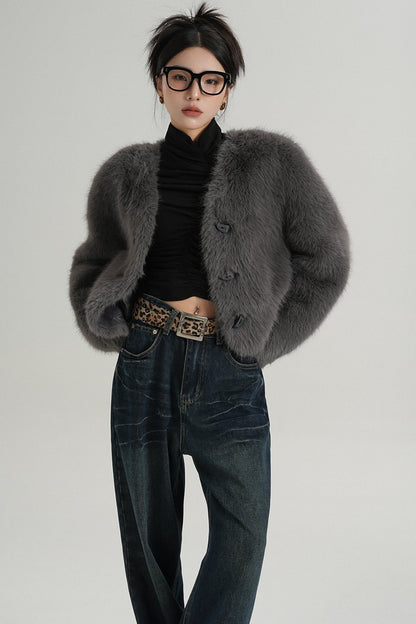 High-End Gray Eco-Friendly Fur Coat