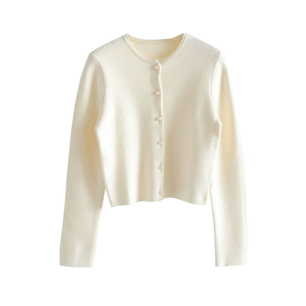 Round Neck Pearl Buckle Knitted Cardigan