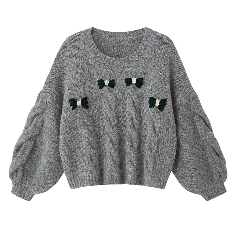 Grey Bow Pullover Knit Sweater Top