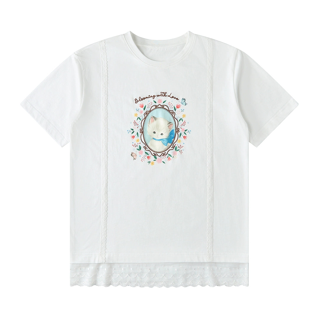 Lace Front Cat Print T-Shirt