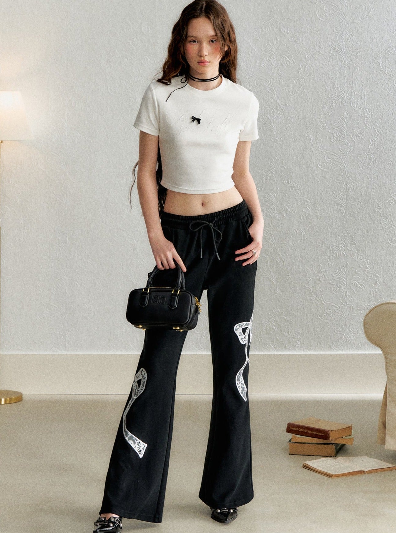 Retro Bow Appliqué Trousers