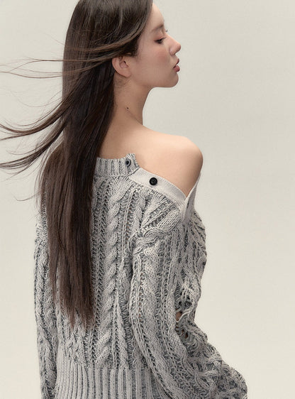 Crewneck ragged languid knit pullover Top