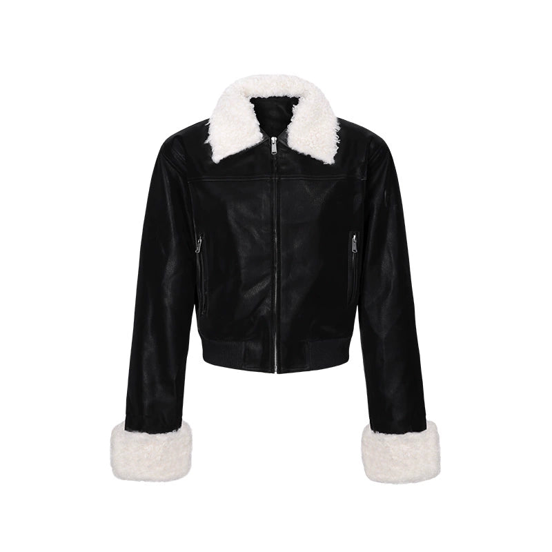 Curriges autumn and winter new PU leather short slim hot girl temperament retro fur collar leather jacket women