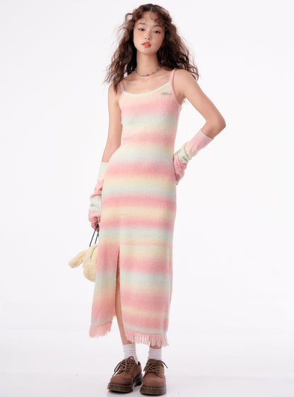 American retro slim rainbow knit bottom long dress